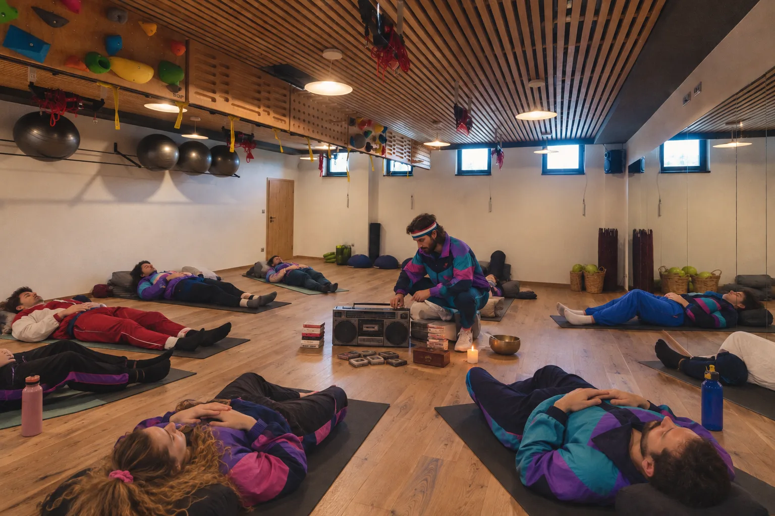 Skupina v teplákových soupravách při meditaci u kazeťáku